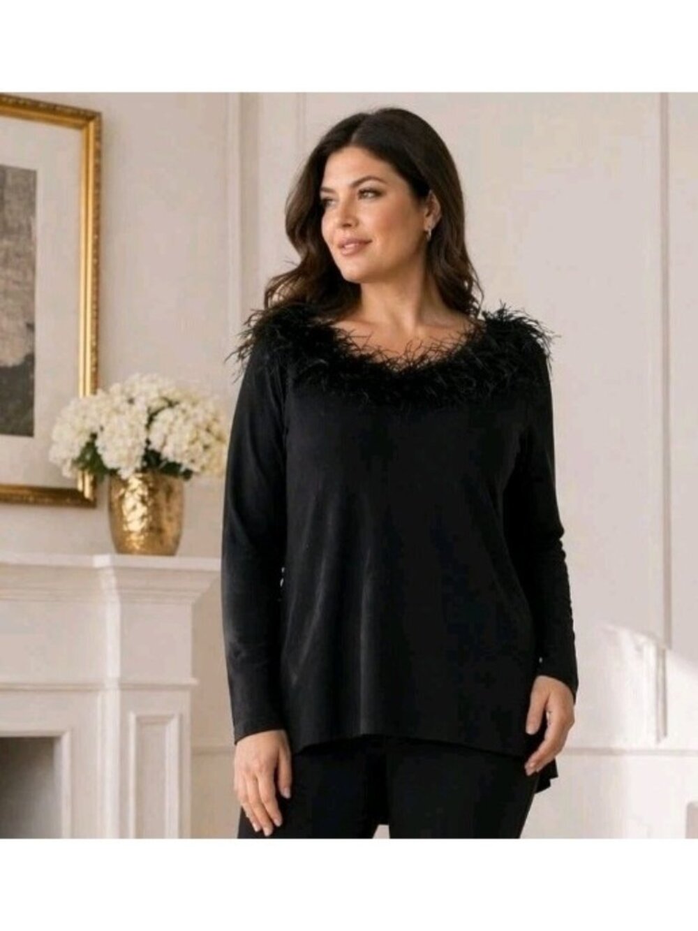 Vtg Victoria Harbour Top Ostrich Feather Neckline Elegant Evening Size XL Black